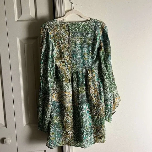 Anthropologie Floreat Amelia Green Paisley Bell Long Sleeve Mini Dress Size 0 - Picture 8 of 9
